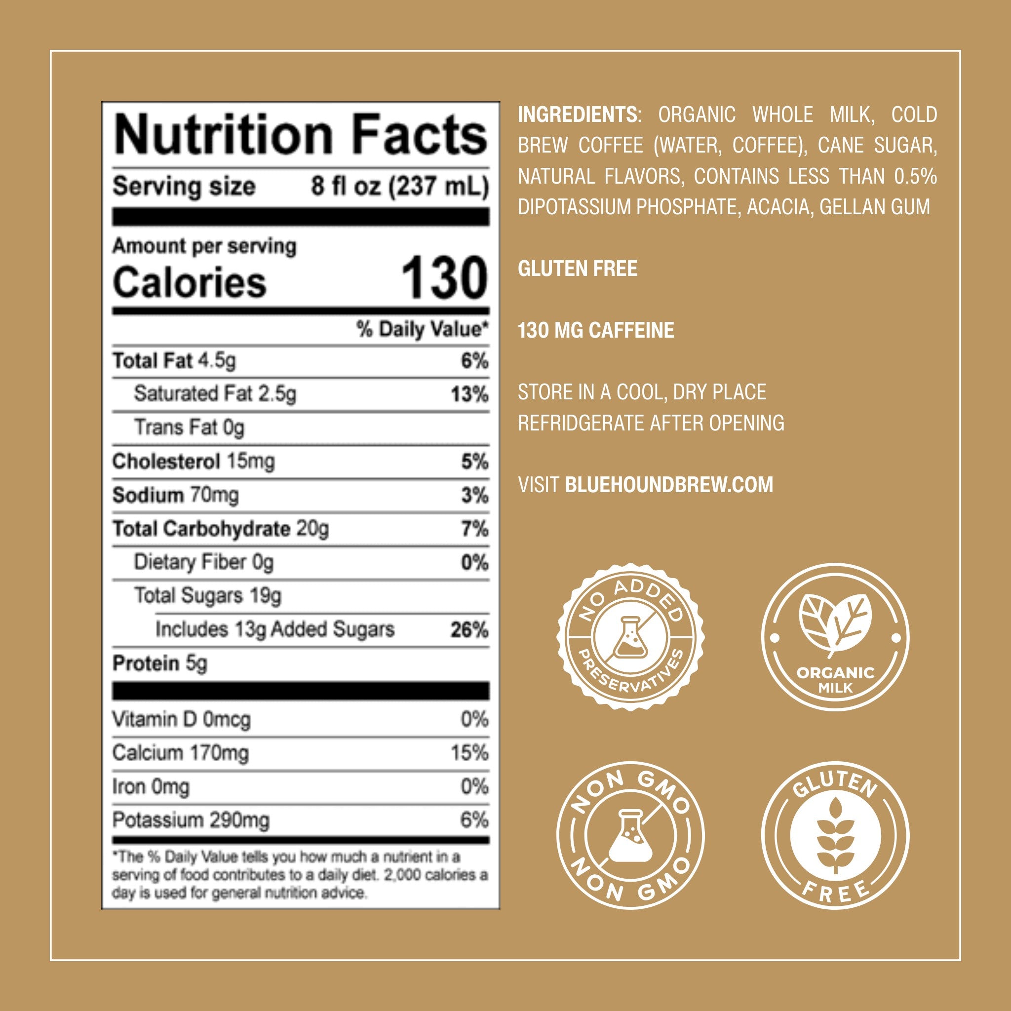 The Hocking Hills Store Maple Brown Sugar Latte nutrition facts label with ingredients and certifications like organic milk, non-GMO, and gluten-free.