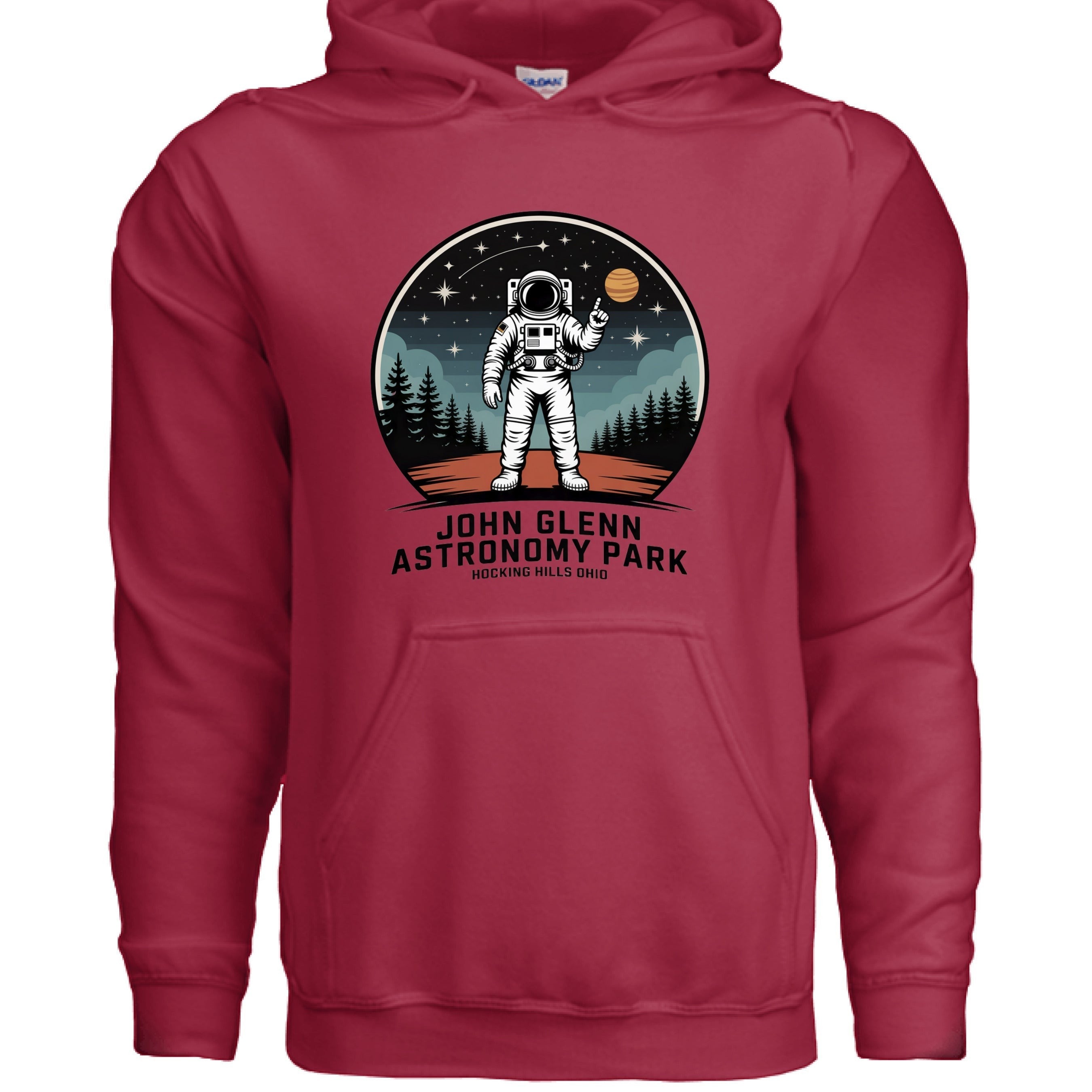The Hocking Hills Store maroon cotton blend hoodie with John Glenn Astronomy Park astronaut graphic.