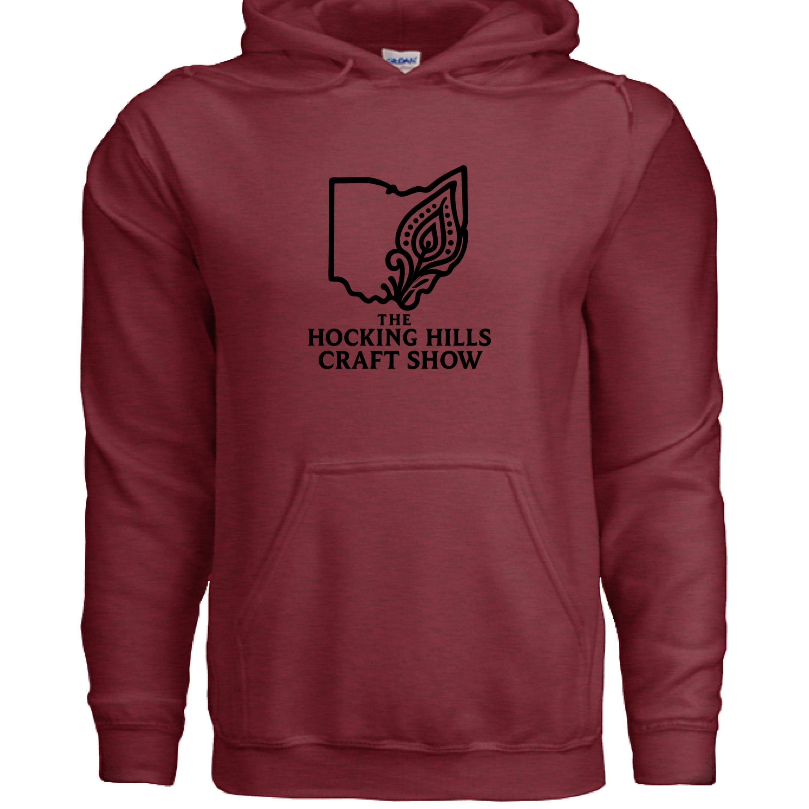 The Hocking Hills Store maroon 50/50 cotton polyester blend hoodie with "The Hocking Hills Craft Show" logo on front.