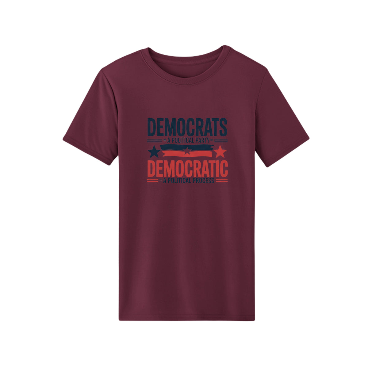 The Hocking Hills Store maroon t-shirt featuring a graphic print about the difference between Democrat and Democratic.