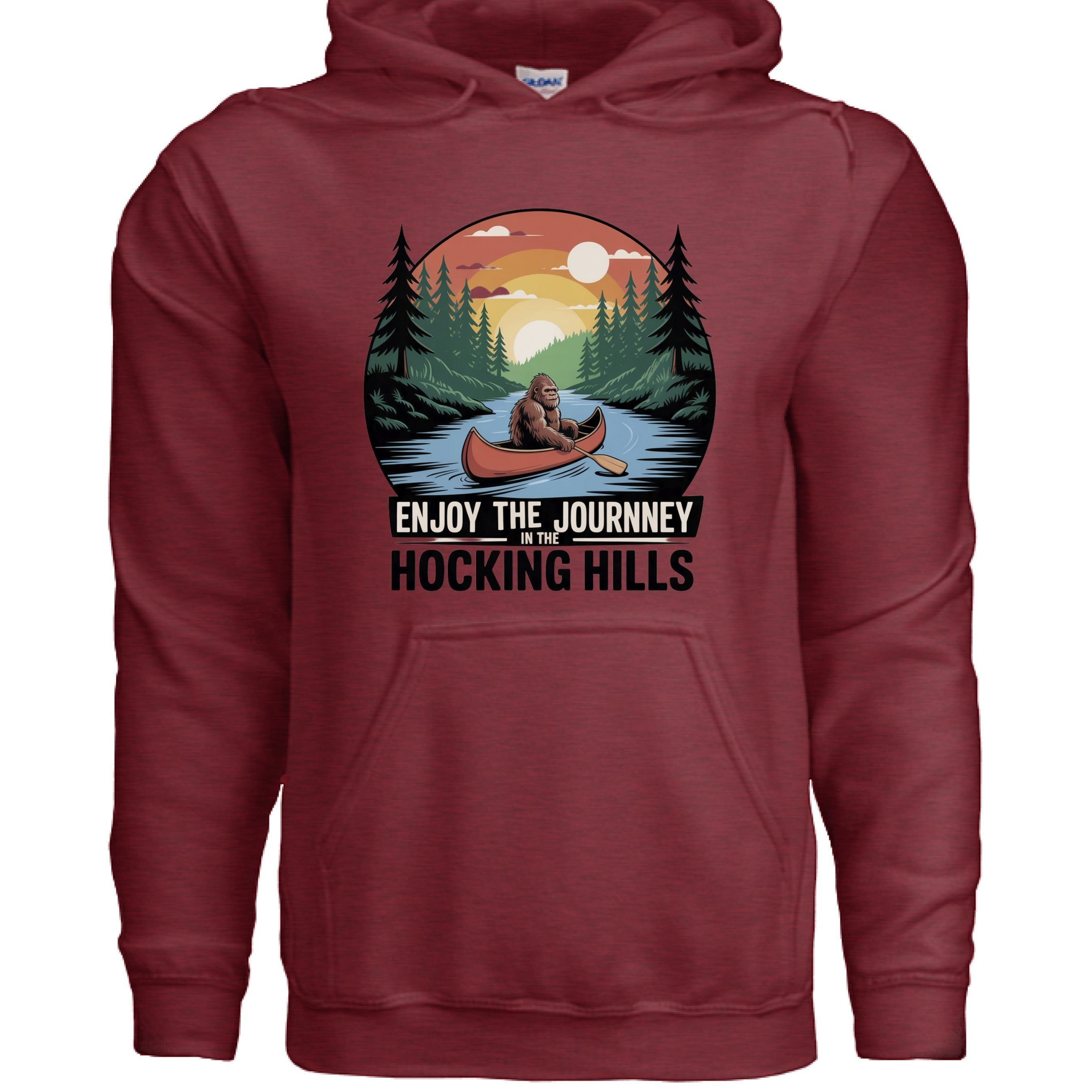 The Hocking Hills Store maroon 50/50 cotton-poly blend hoodie with Bigfoot canoeing graphic and