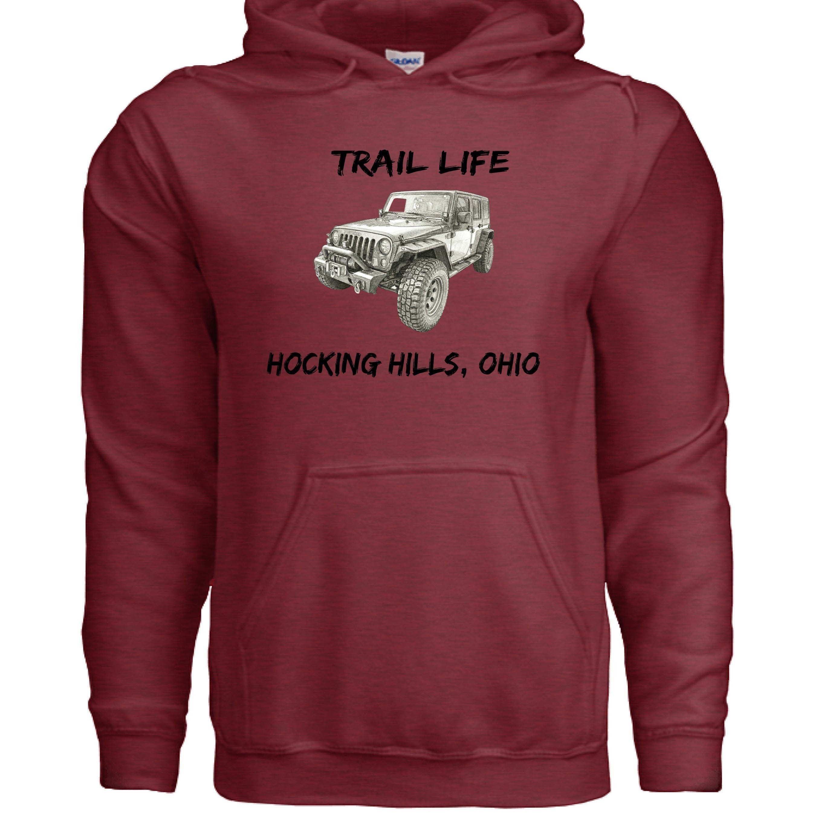 The Hocking Hills Store Trail Life Jeep Hoodie in maroon, featuring a graphic of a Jeep and text.