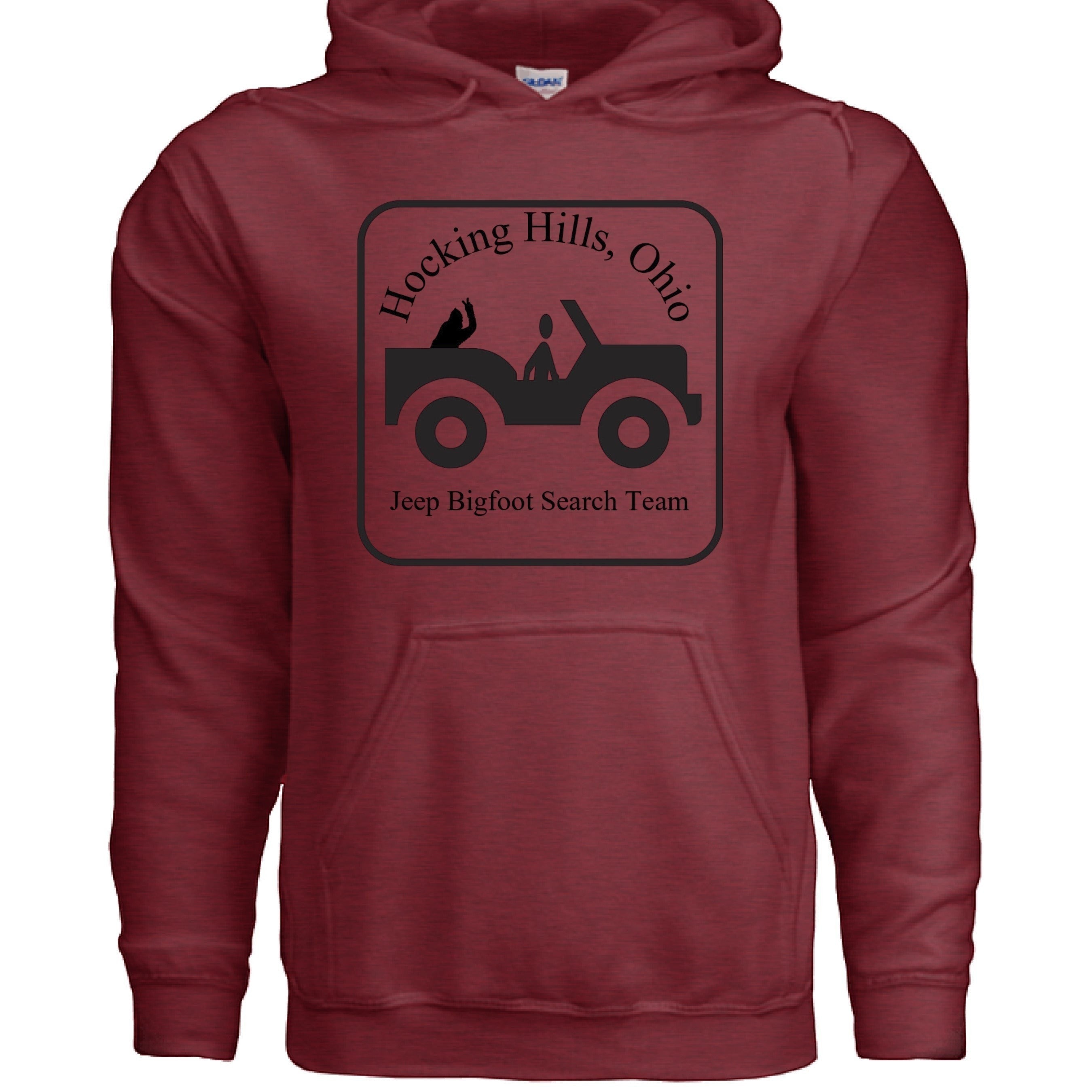The Hocking Hills Store maroon cotton-blend hoodie with a black graphic of a Jeep and text 'Hocking Hills, Ohio Jeep Bigfoot Search Team'.