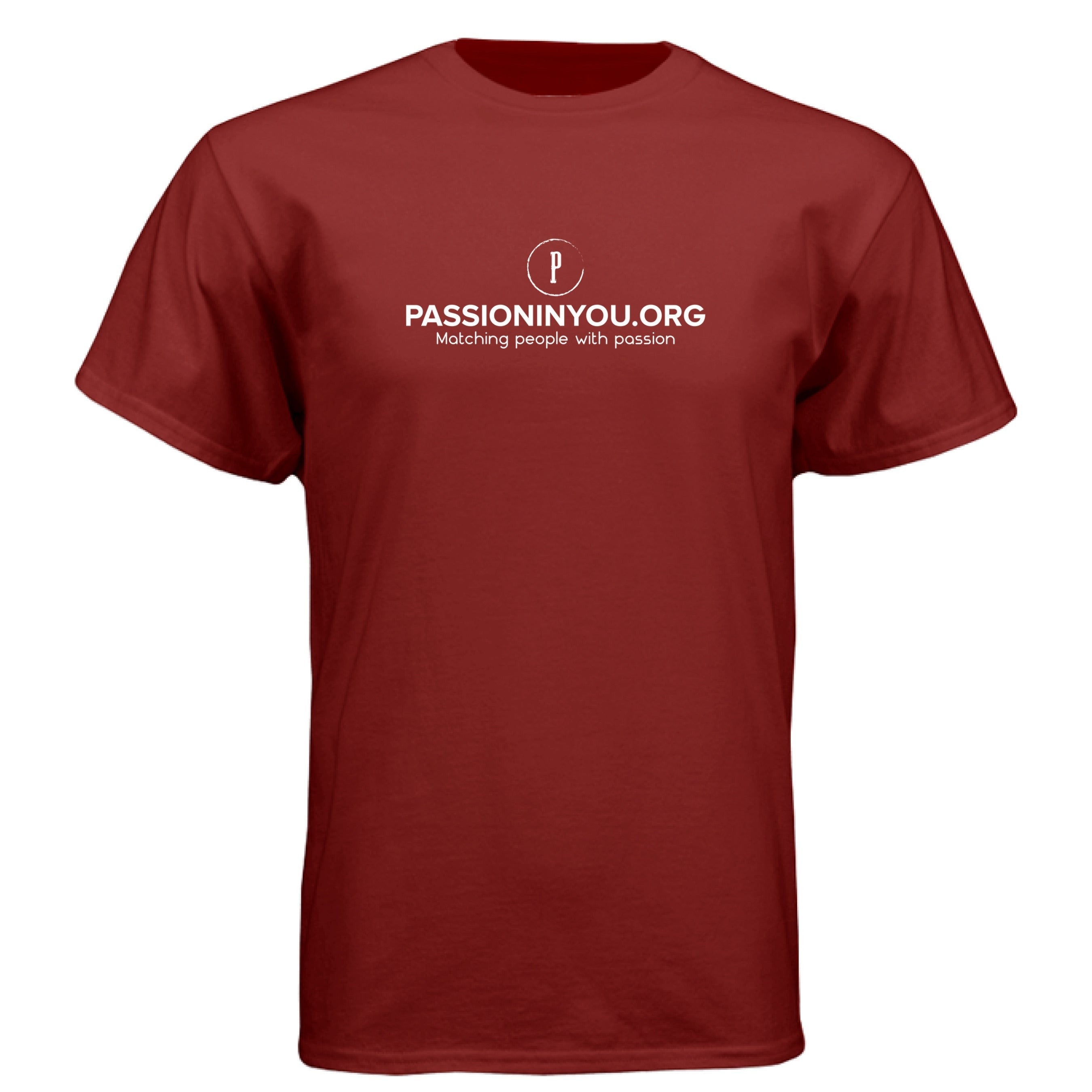 The Hocking Hills Store maroon short-sleeve t-shirt with Passioninyou.org logo and tagline.