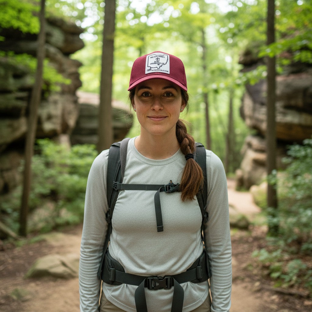 The Hocking Hills Store maroon baseball cap with a patch featuring the Ohio outline and 'Find Your Journey' text.