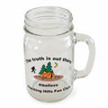 The Hocking Hills Store clear glass mason jar mug with camping graphic and text "the truth is out there #ibelieve Hocking Hills Fan Club".