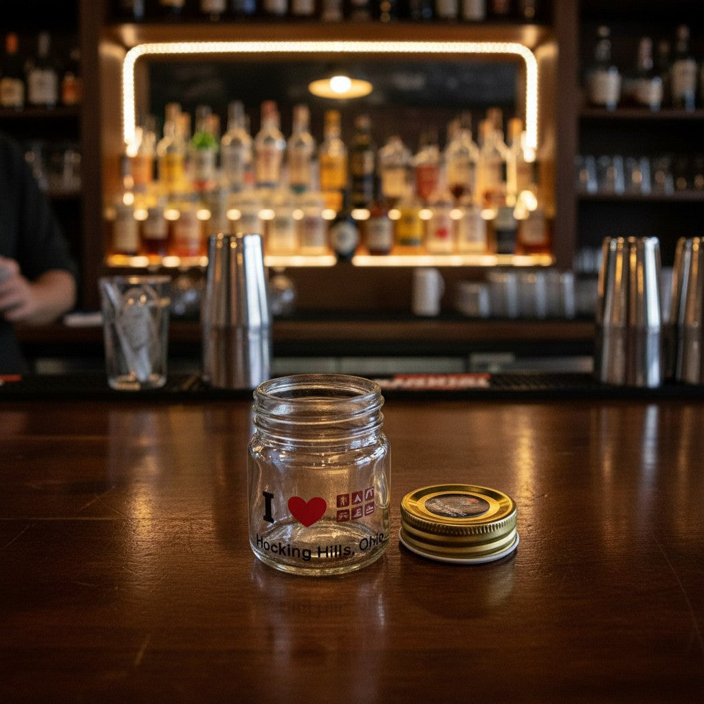 The Hocking Hills Store glass shot glass with gold lid, featuring "I Heart Hocking Hills, Ohio" text and icons.