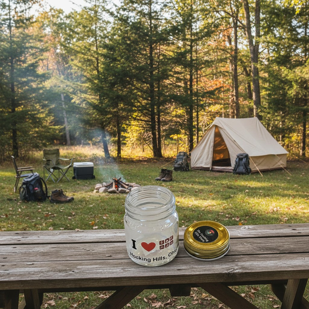 The Hocking Hills Store glass shot glass with gold lid, featuring "I Heart Hocking Hills, Ohio" text and icons.