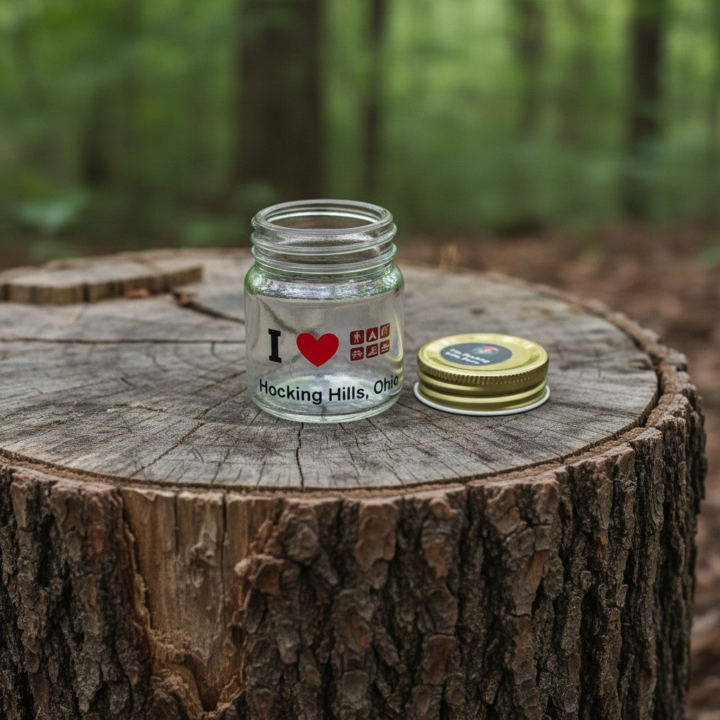 The Hocking Hills Store mason jar shot glass with gold lid, featuring "I Heart Hocking Hills, Ohio" graphic and icons.