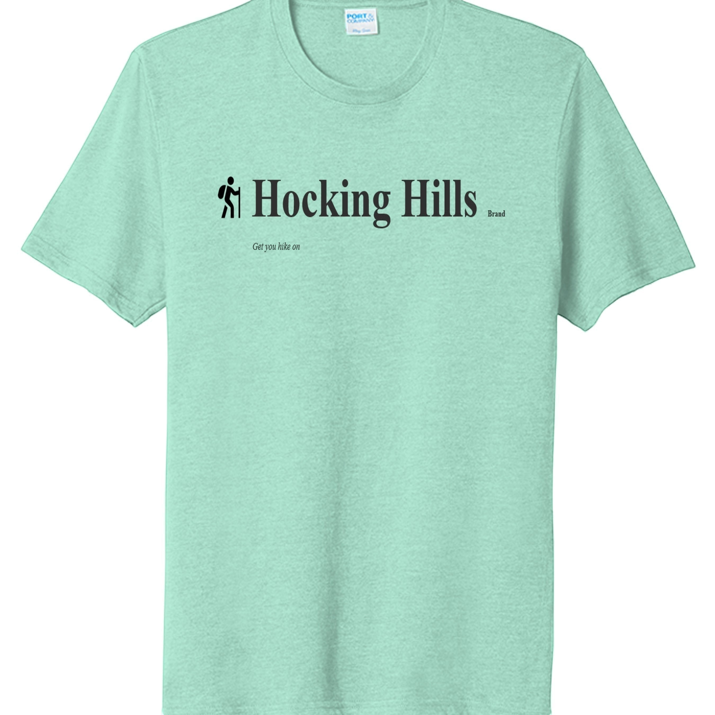 The Hocking Hills Store Brand tri-blend tee in mint green with a hiker graphic and text.