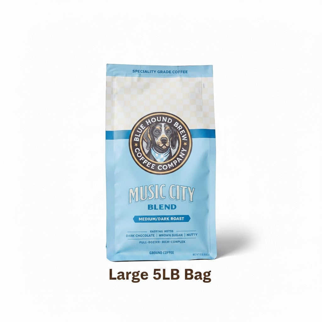 The Hocking Hills Store Music City Blend coffee bag, medium-dark roast, 100% Arabica, with tasting notes of dark chocolate, nuts, and brown sugar.