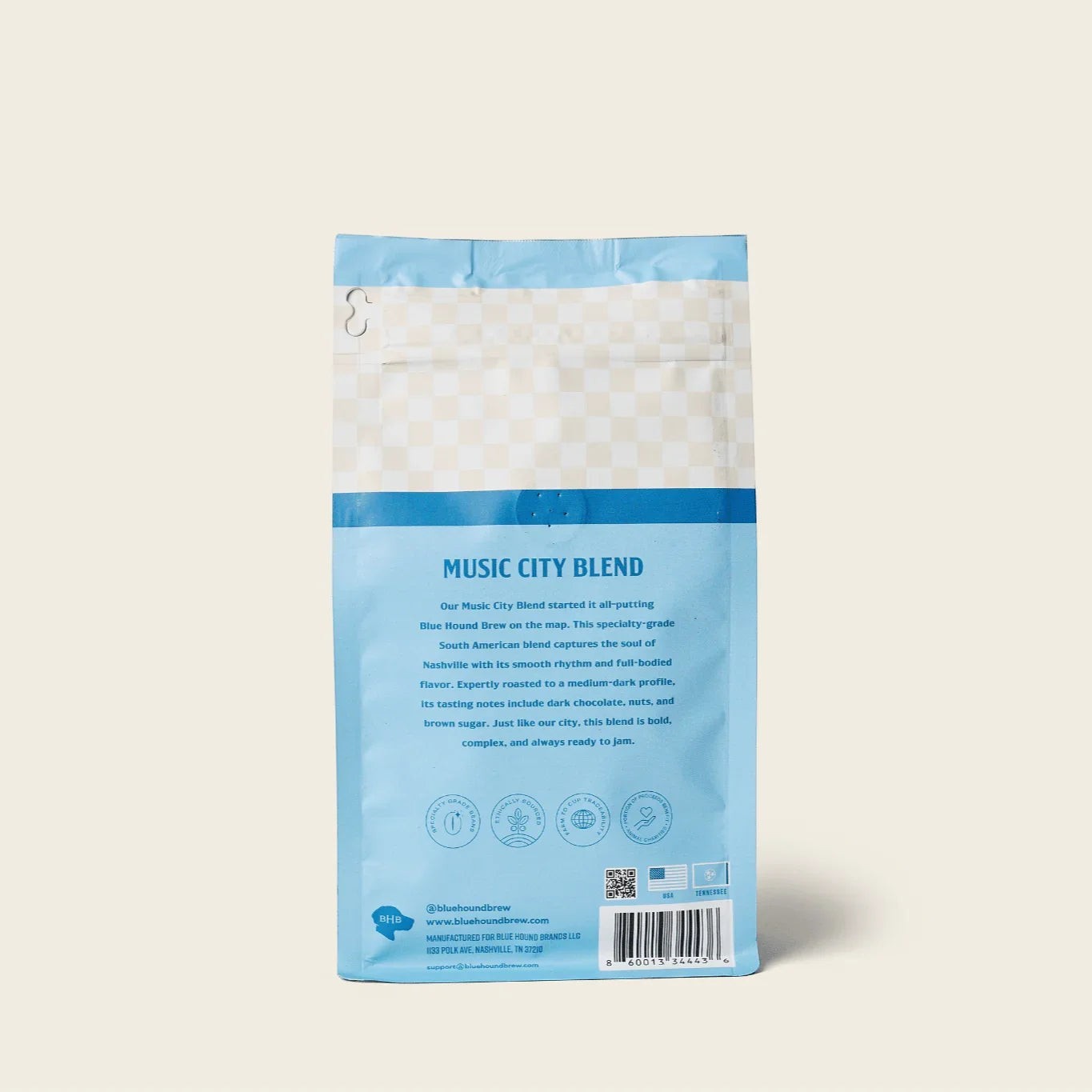 The Hocking Hills Store Music City Blend coffee bag, medium-dark roast, 100% Arabica, notes of dark chocolate, nuts, and brown sugar.
