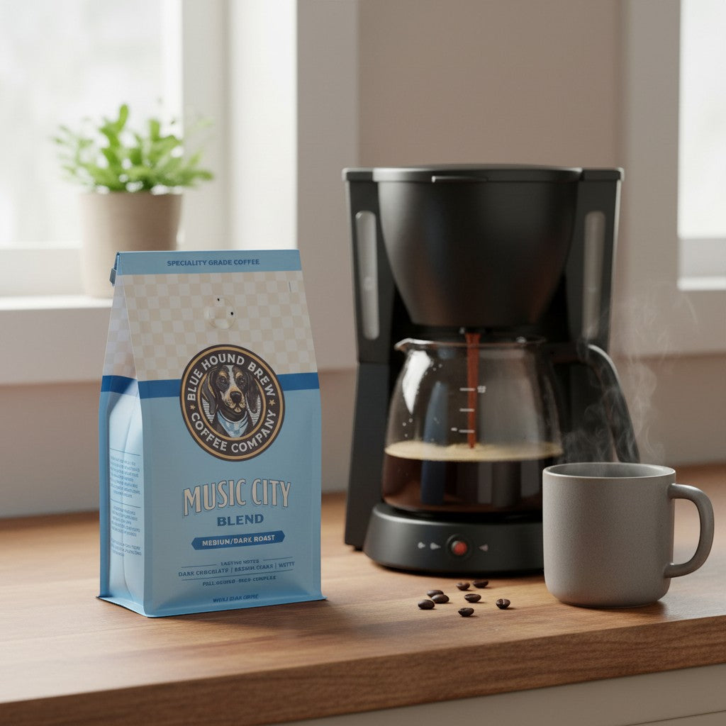 The Hocking Hills Store Music City Blend medium-dark roast 100% Arabica coffee bag next to a coffee maker and mug.