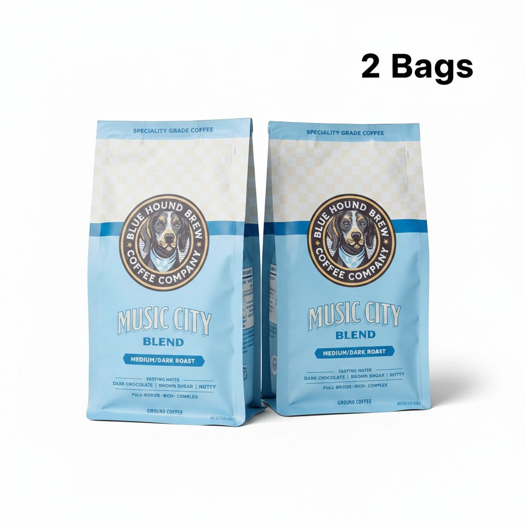 The Hocking Hills Store Music City Blend ground coffee bag, medium-dark roast with tasting notes of dark chocolate, nuts, and brown sugar.