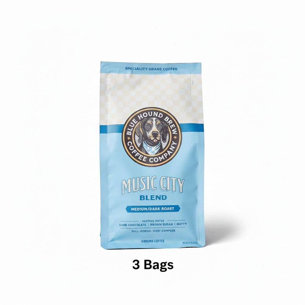 The Hocking Hills Store Music City Blend ground coffee bag, medium-dark roast with notes of dark chocolate, nuts, and brown sugar.