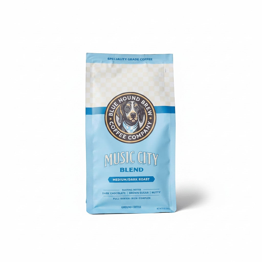 The Hocking Hills Store Music City Blend ground coffee bag, medium-dark roast with tasting notes of dark chocolate, nuts, and brown sugar.