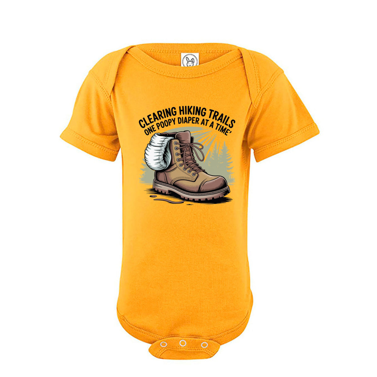 The Hocking Hills Store gold infant bodysuit with a hiking boot graphic and Clearing Hiking Trails text