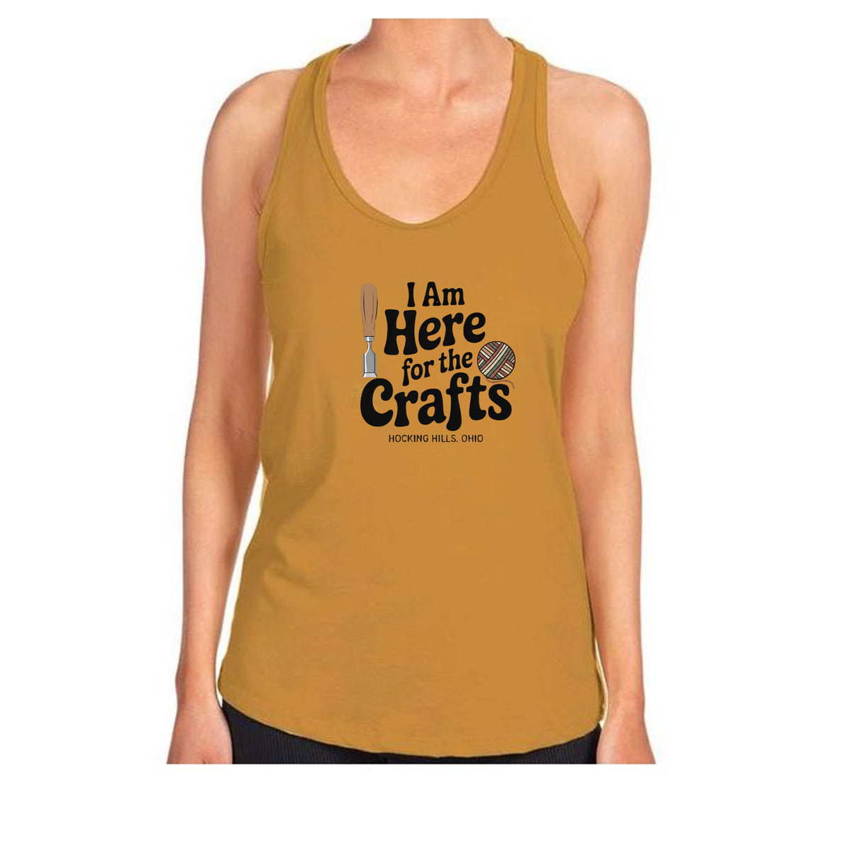 The Hocking Hills Store mustard yellow racerback tank top with I Am Here for the Crafts graphic print