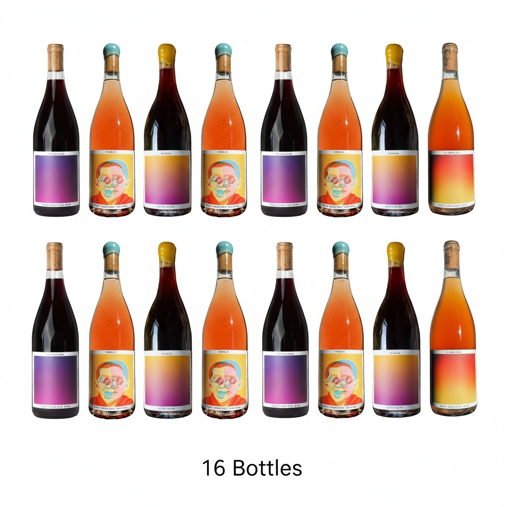 The Hocking Hills Store Natural Wine Chaand Sampler, 16 bottles of red, rosé, and orange wine with unique, colorful labels.