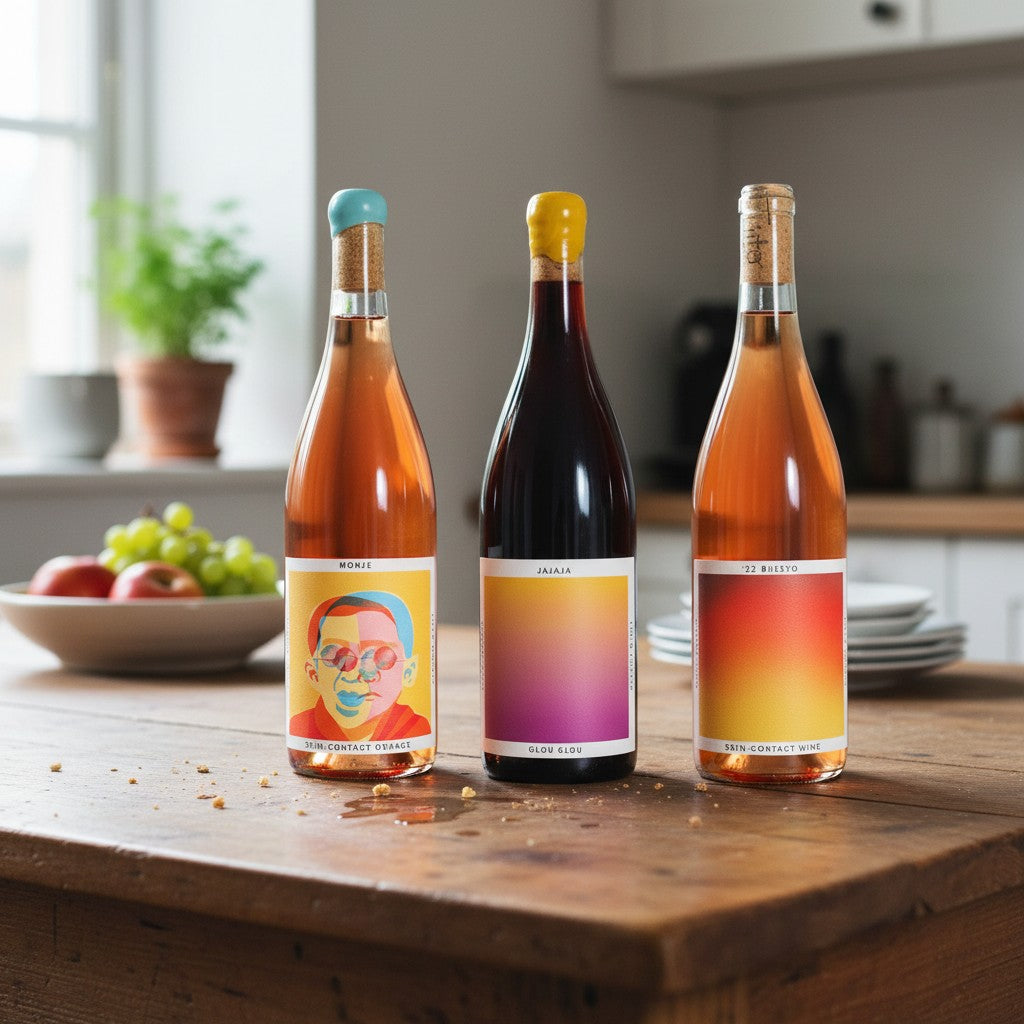 The Hocking Hills Store Natural Wine Sampler features three bottles: pink Monje Skin-Contact Orange Wine, dark red Jajaja Glou Glou Red Wine, and orange '22 Bheeyo Skin-Contact Wine.