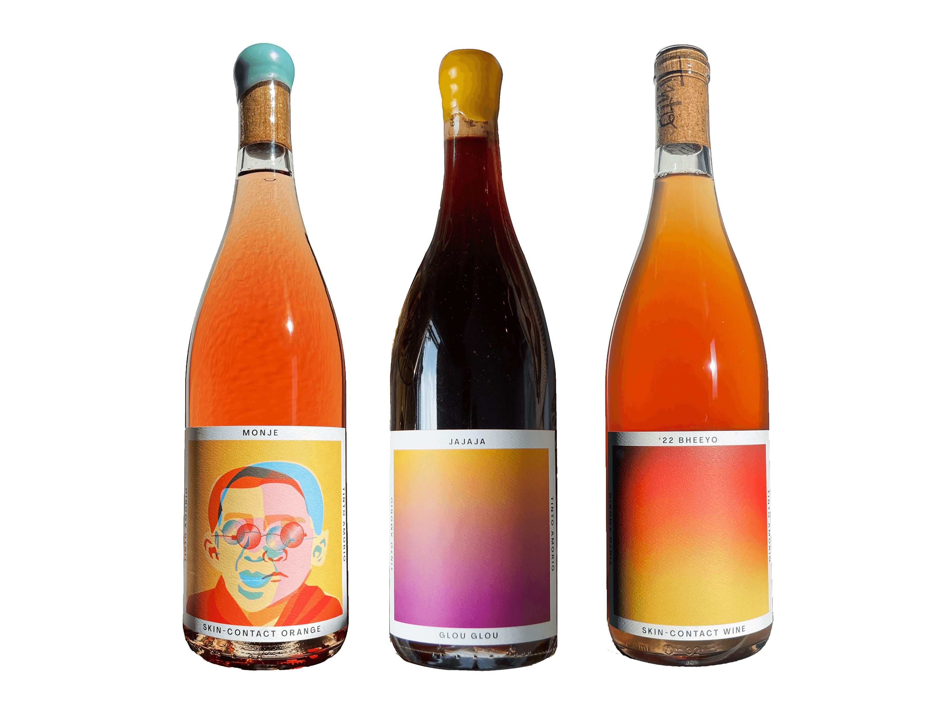 The Hocking Hills Store Natural Wine Sampler features three bottles: pink Monje Skin-Contact Orange Wine, dark red Jajaja Glou Glou Red Wine, and orange '22 Bheeyo Skin-Contact Wine.