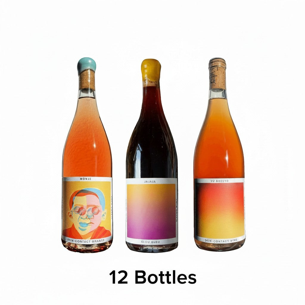 The Hocking Hills Store natural wine sampler: Monje orange wine, Jajaja Glou Glou red wine, and Bheeyo skin-contact orange wine.
