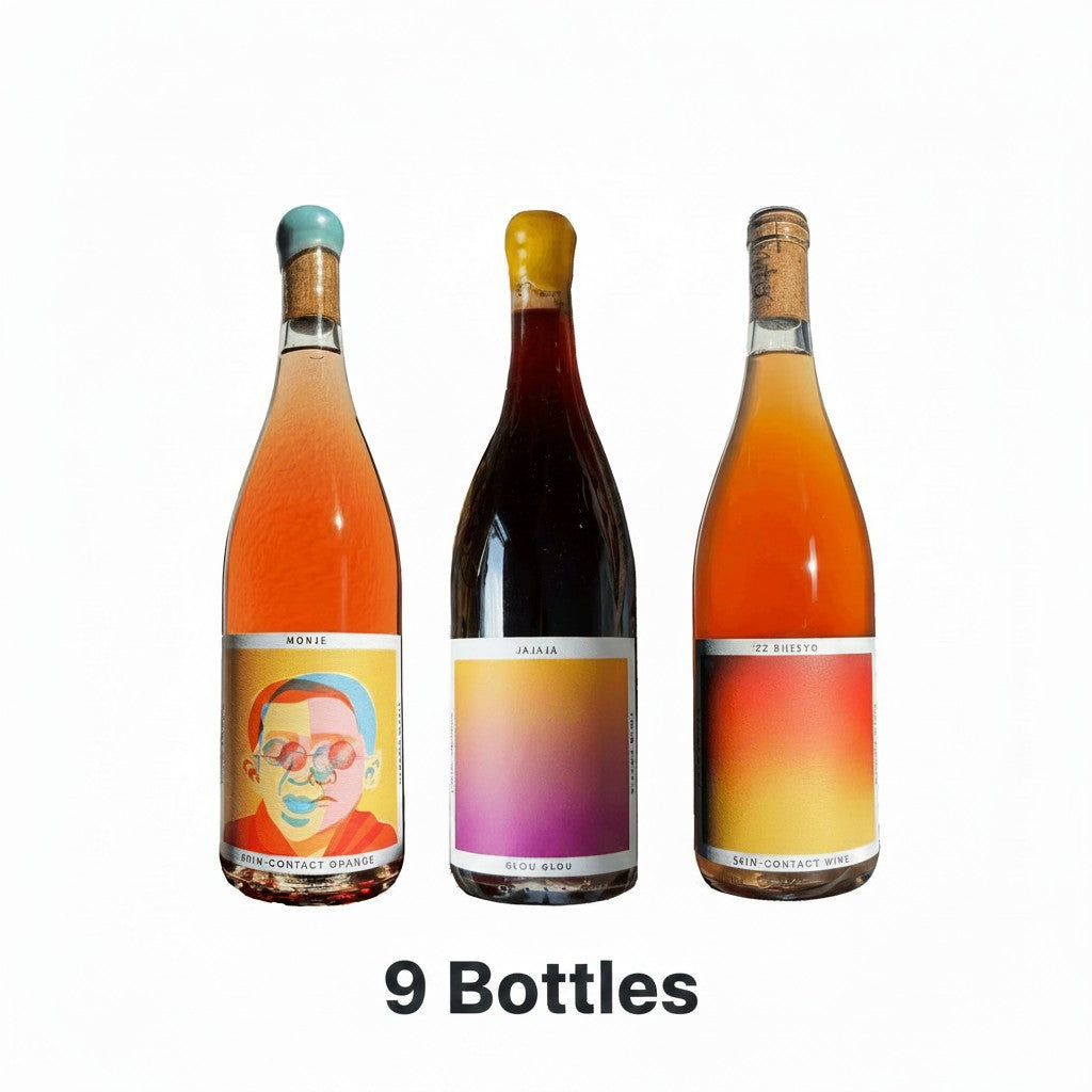 The Hocking Hills Store Natural Wine Sampler features three bottles: Monje Skin-Contact Orange Wine, Jajaja Glou Glou Red Wine, and 22 Bheeyo Skin-Contact Wine.
