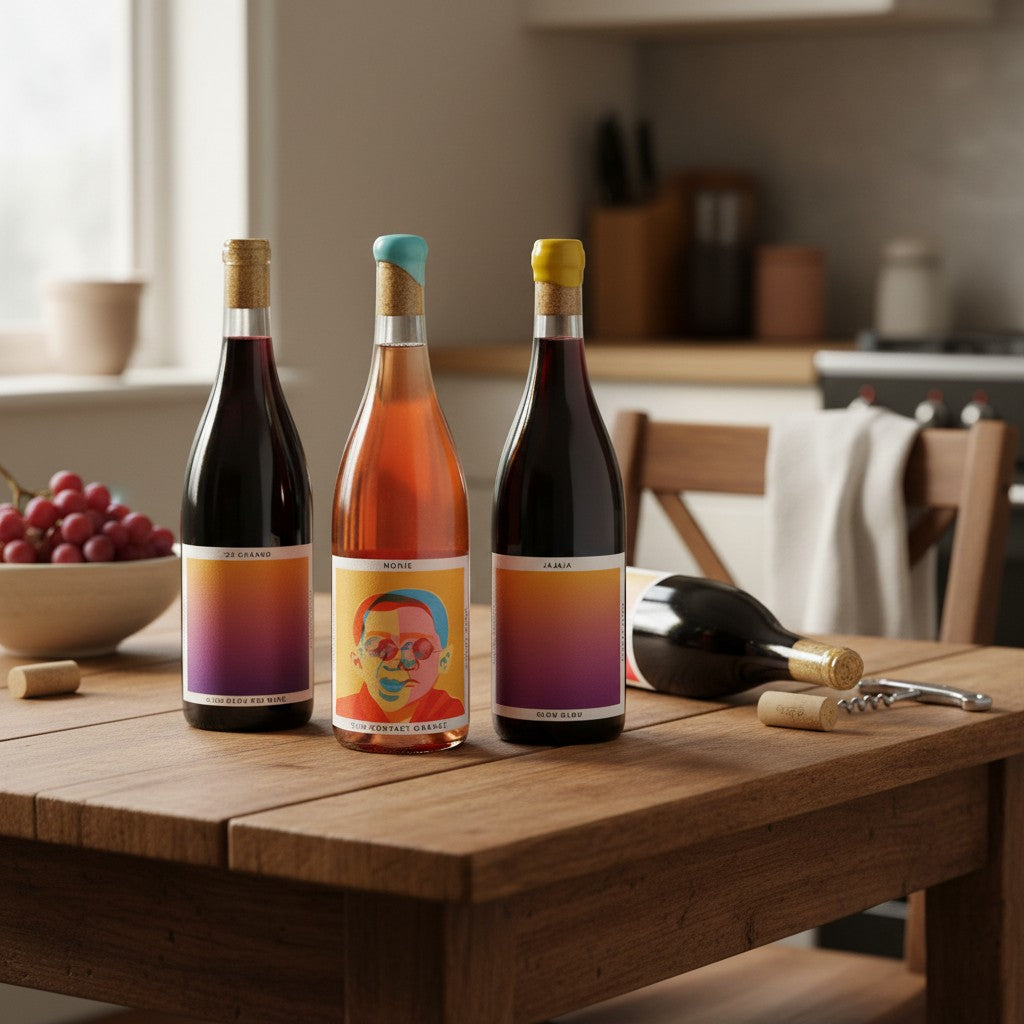 The Hocking Hills Store Chaand Sampler: four bottles of natural wine including red, rosé, and orange varieties with colourful, abstract labels.