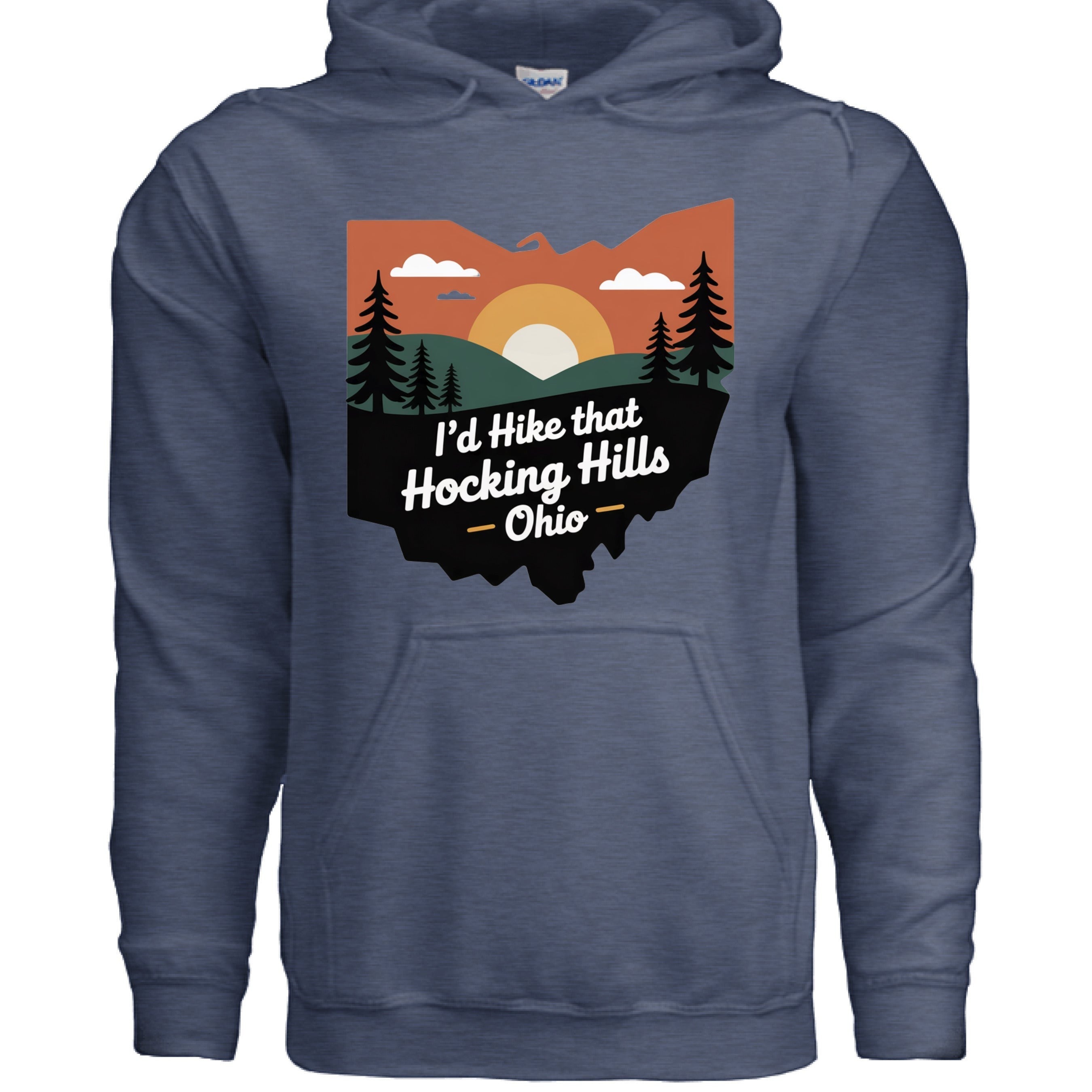 The Hocking Hills Store navy blue cotton blend hoodie with a graphic of the Ohio state outline featuring a mountain sunset and trees, reading "I'd Hike that Hocking Hills - Ohio".