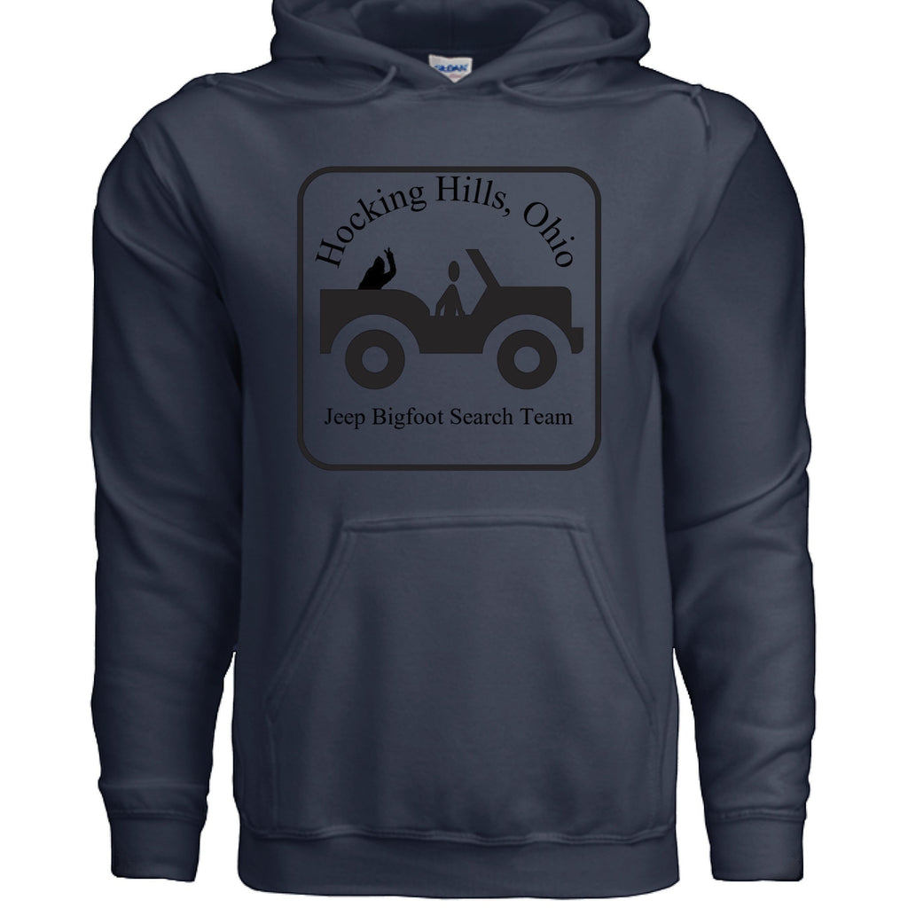 The Hocking Hills Store navy blue cotton blend hoodie with a Jeep Bigfoot Search Team graphic.