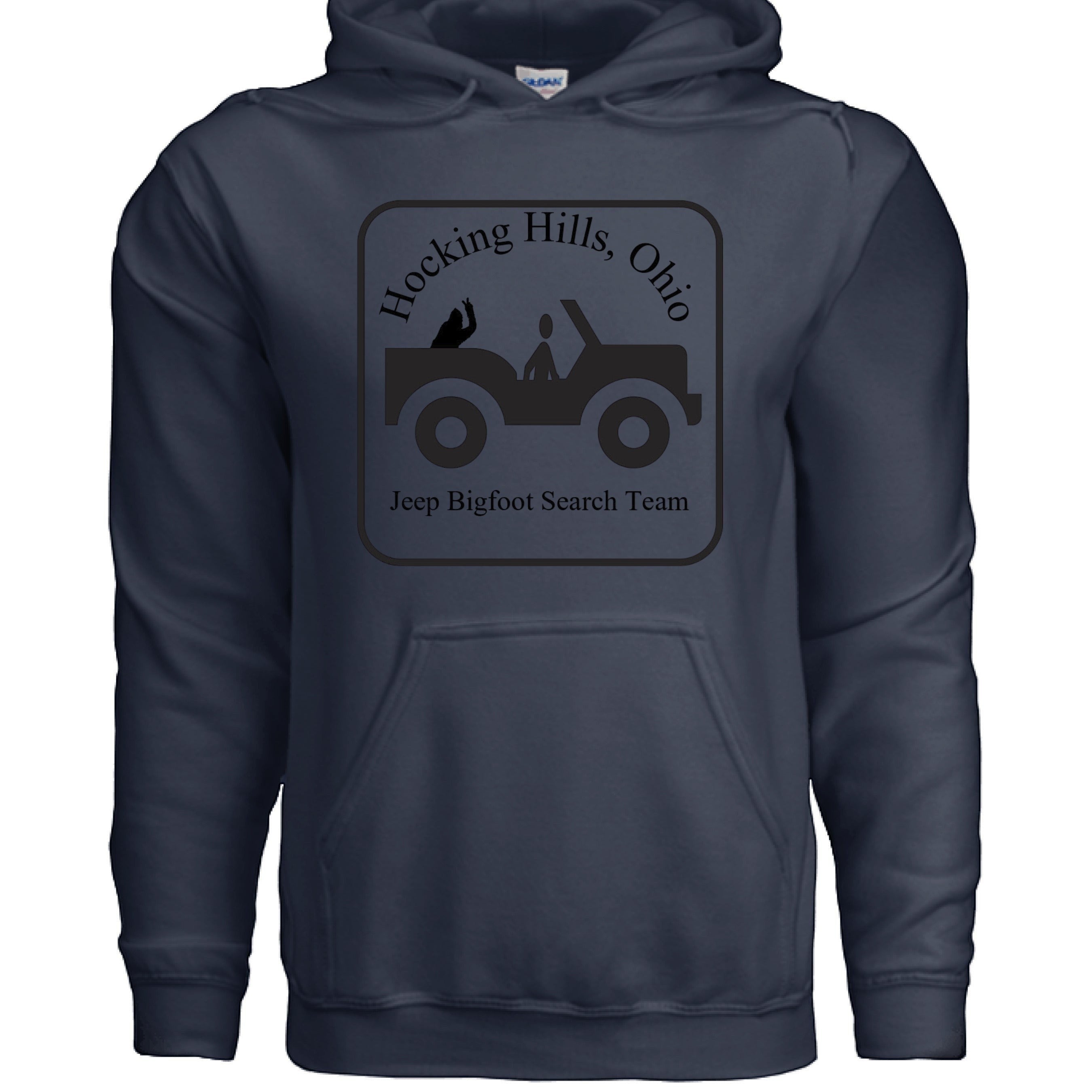 The Hocking Hills Store navy blue cotton blend hoodie with a Jeep Bigfoot Search Team graphic.