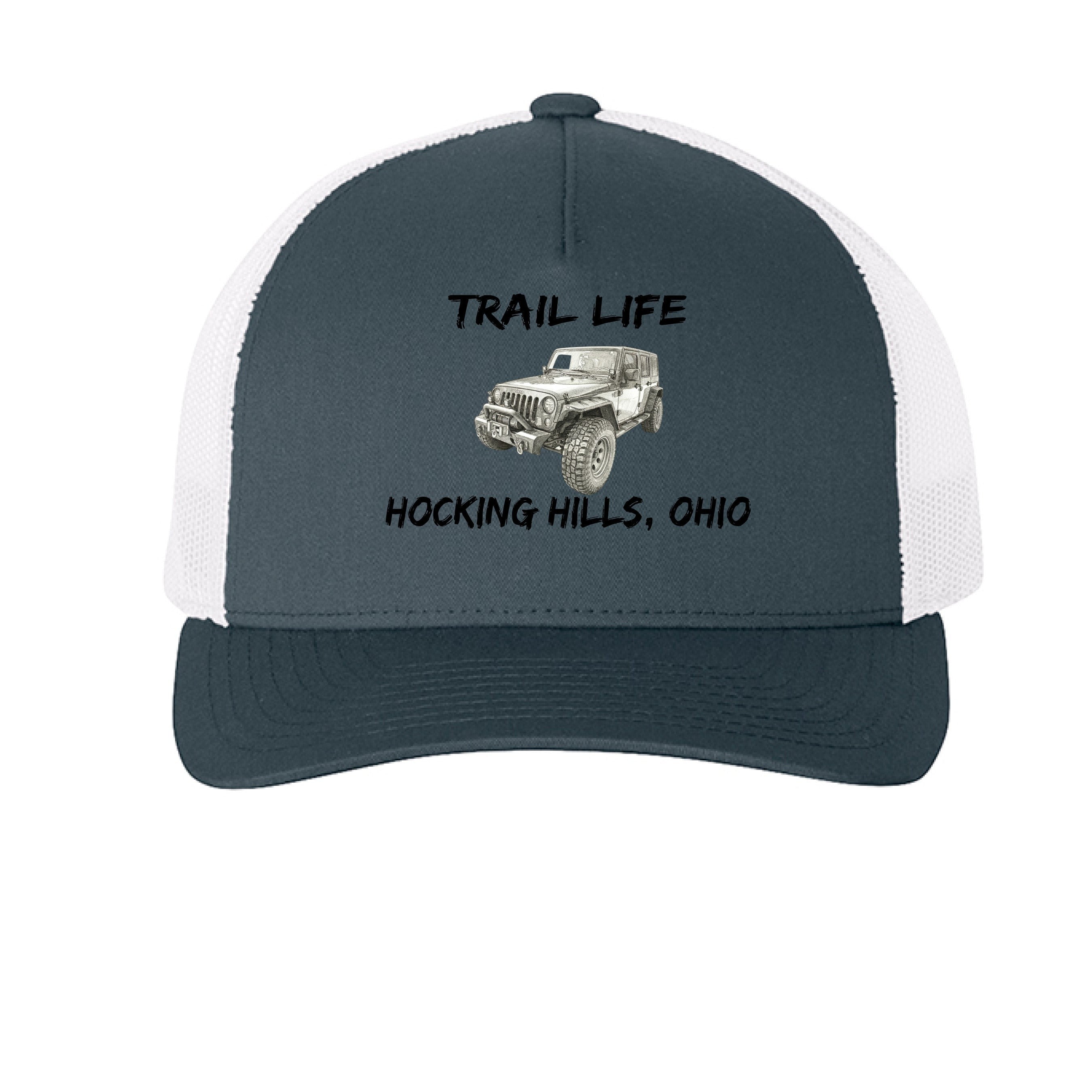 The Hocking Hills Store Trail Life Jeep Hat is a navy blue and white trucker cap with a snapback closure and a graphic of a Jeep.