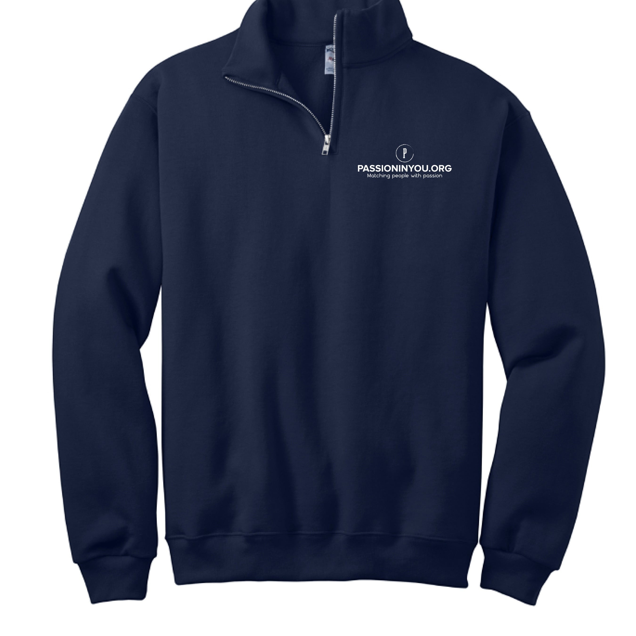 The Hocking Hills Store navy blue quarter zip sweatshirt with a cadet collar and the Passioninyou.org logo.