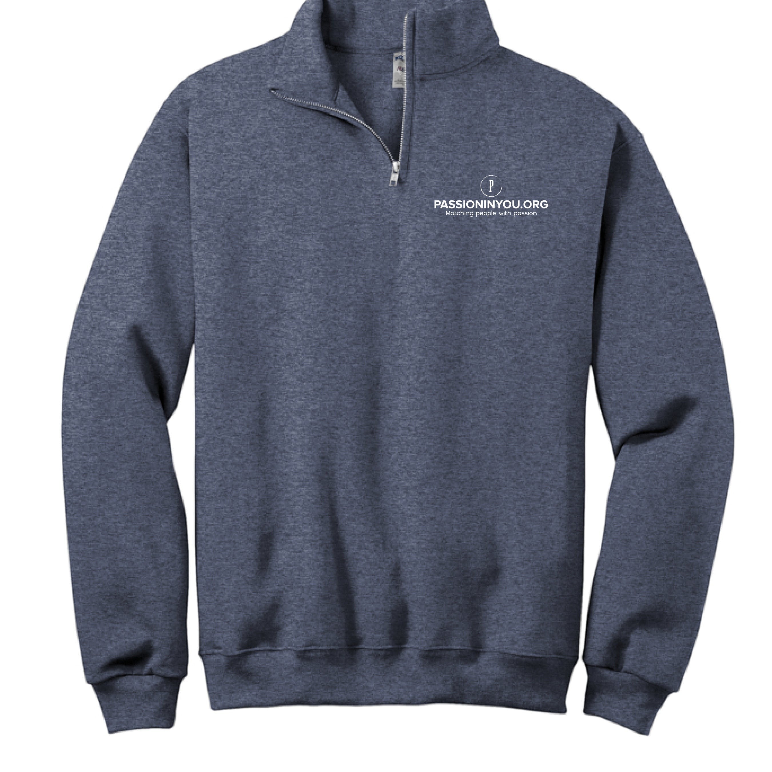 The Hocking Hills Store navy blue quarter zip sweatshirt with a cadet collar and white Passioninyou.org logo on the left chest.