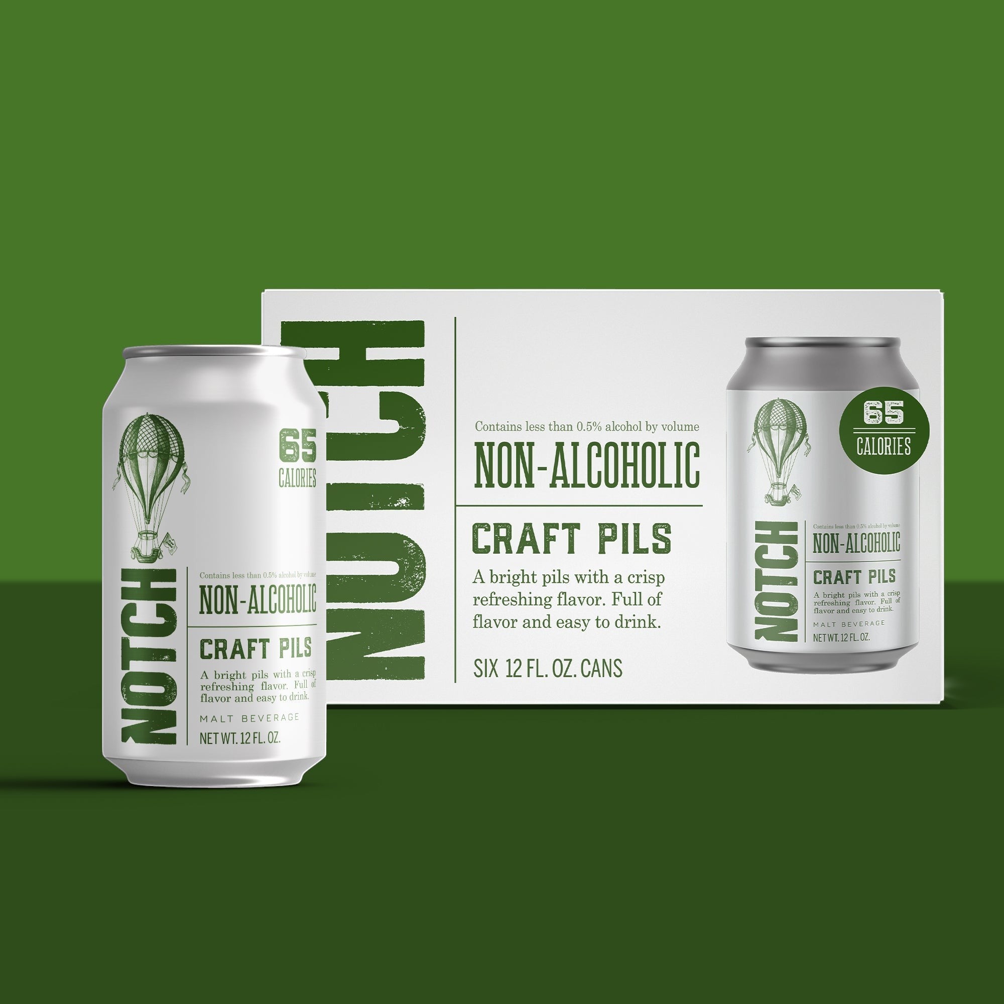 The Hocking Hills Store Non-Alcoholic Craft Pils 6-pack. White cans with green lettering and a hot air balloon graphic.
