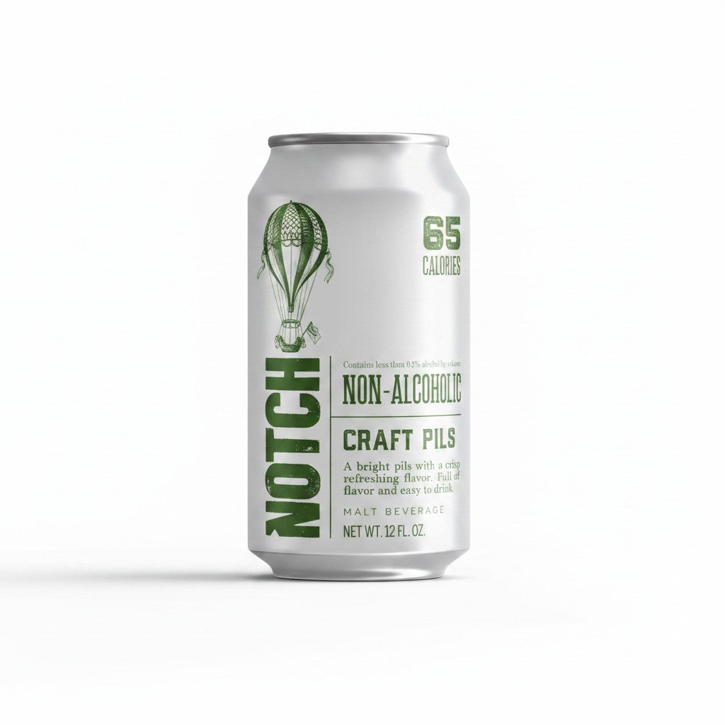 The Hocking Hills Store Non-Alcoholic Craft Pils can with a hot air balloon graphic, 65 calories.