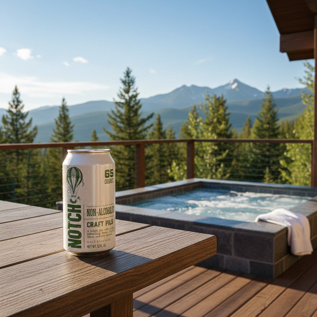 The Hocking Hills Store Non-Alcoholic Craft Pils can with a green hot air balloon graphic and 65 calories.
