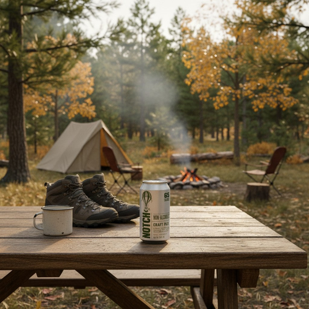 The Hocking Hills Store Non-Alcoholic Craft Pils can with a hot air balloon graphic and 65 calorie label.