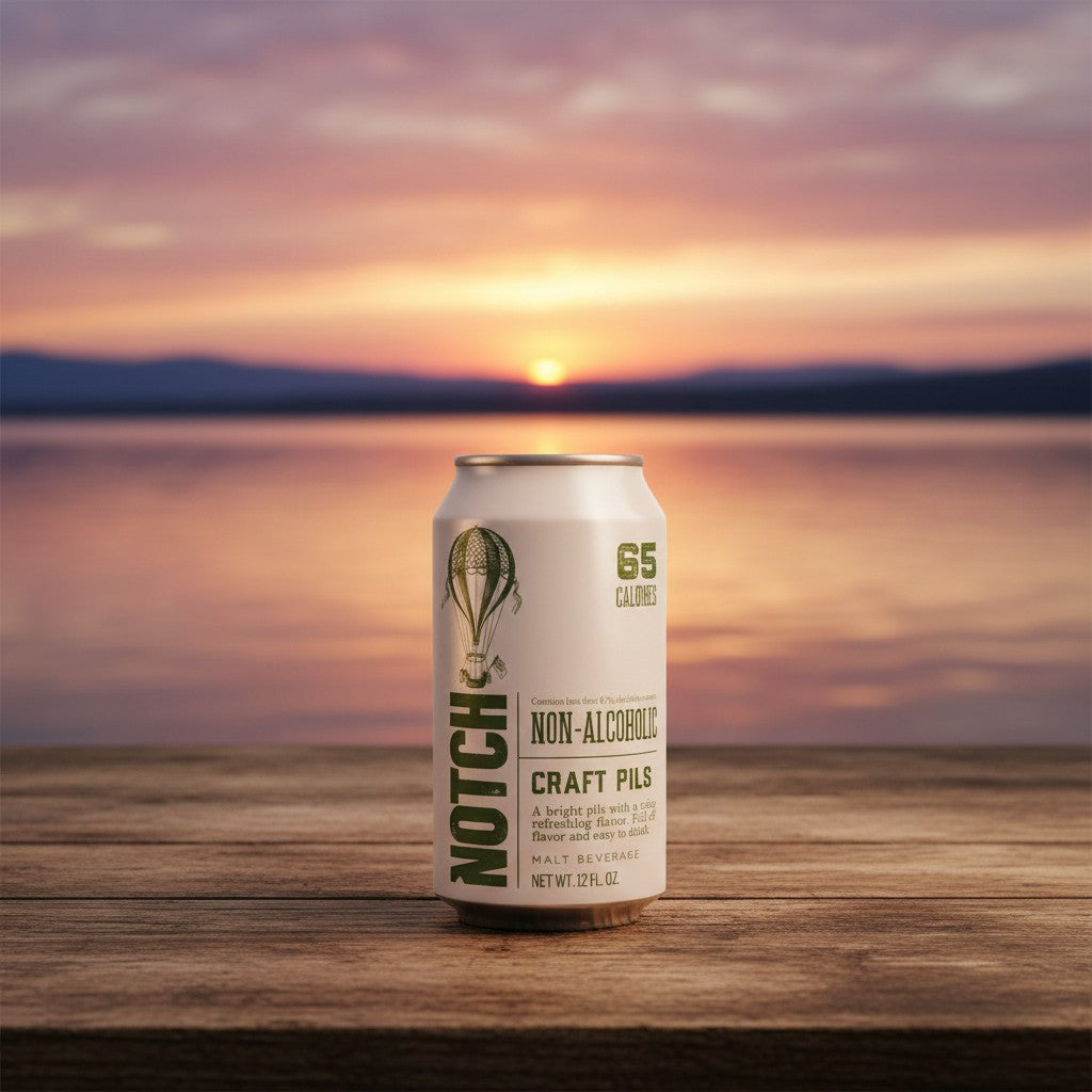 The Hocking Hills Store Non-Alcoholic Craft Pils can with a hot air balloon graphic and 65 calorie label.