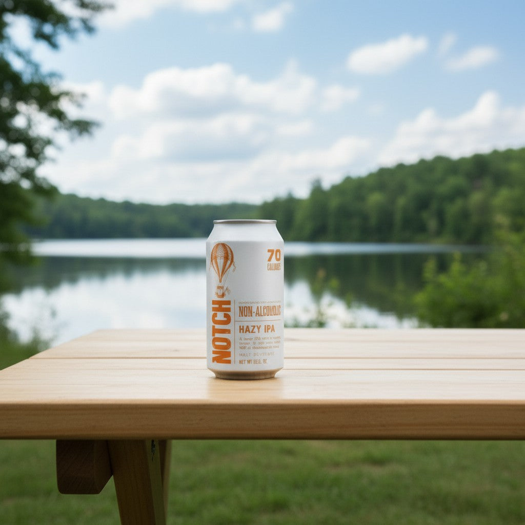 The Hocking Hills Store Non-Alcoholic Hazy IPA can with tropical aroma and soft juicy flavor, 70 calories.