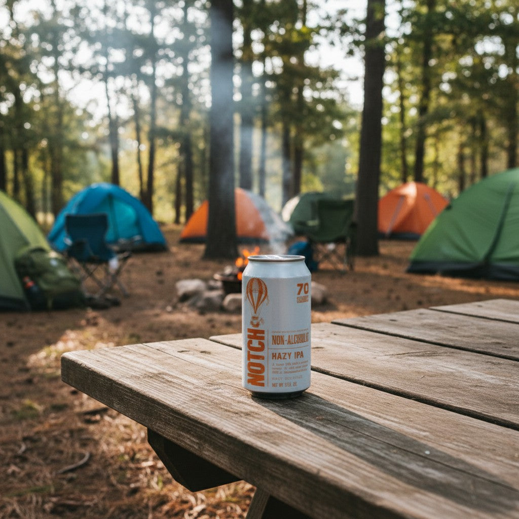 The Hocking Hills Store Non-Alcoholic Hazy IPA can with tropical aroma and soft juicy flavor, 70 calories.