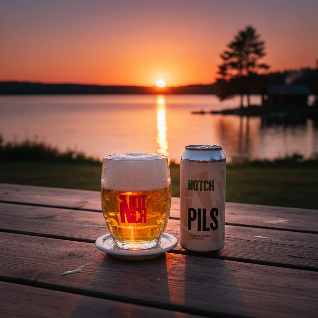 The Hocking Hills Store's Notch Session Pils can and a glass of pilsner beer with a foamy head, set against a brick wall.