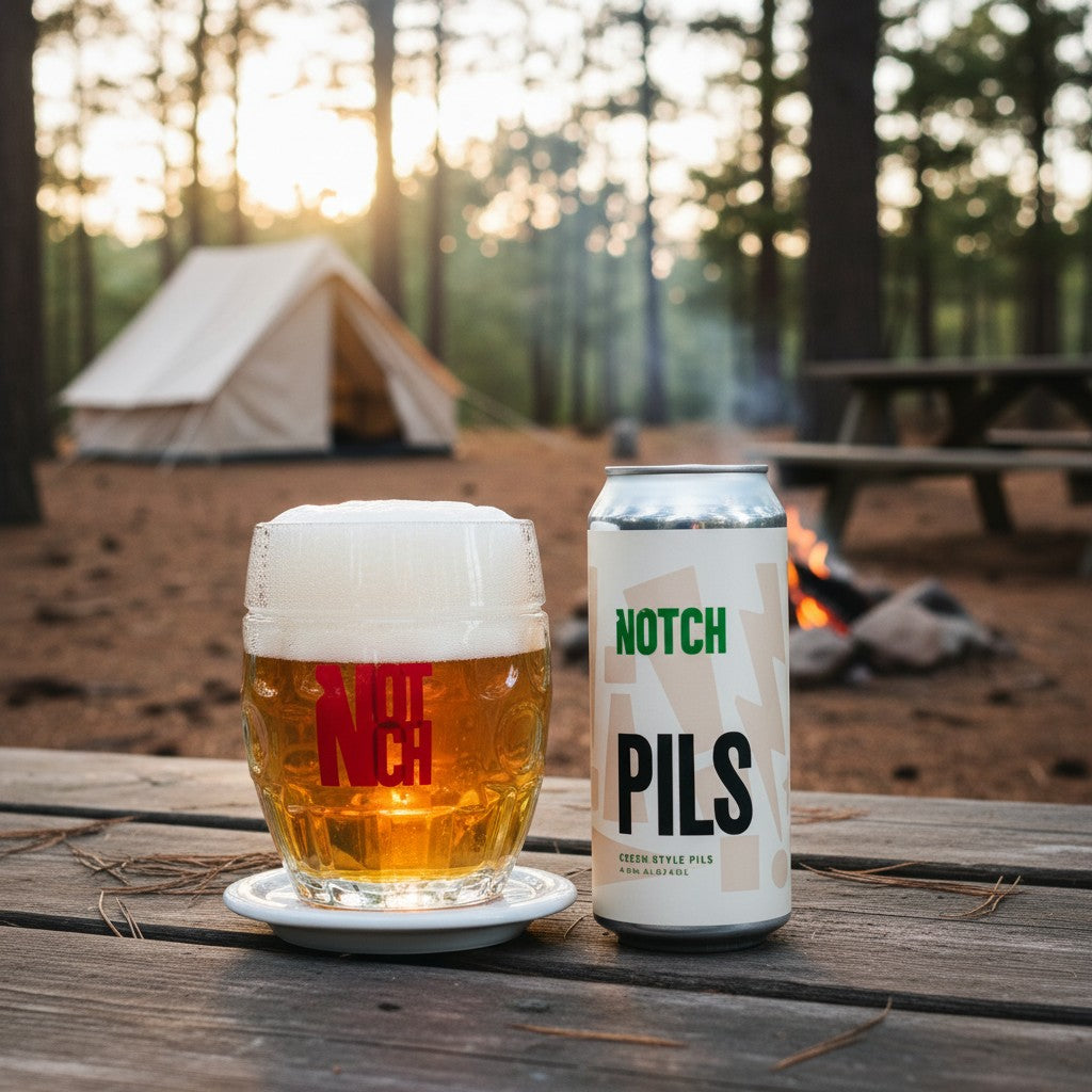 The Hocking Hills Store's Notch Session Pils beer can and a glass of Pilsner with a frothy head against a brick background.