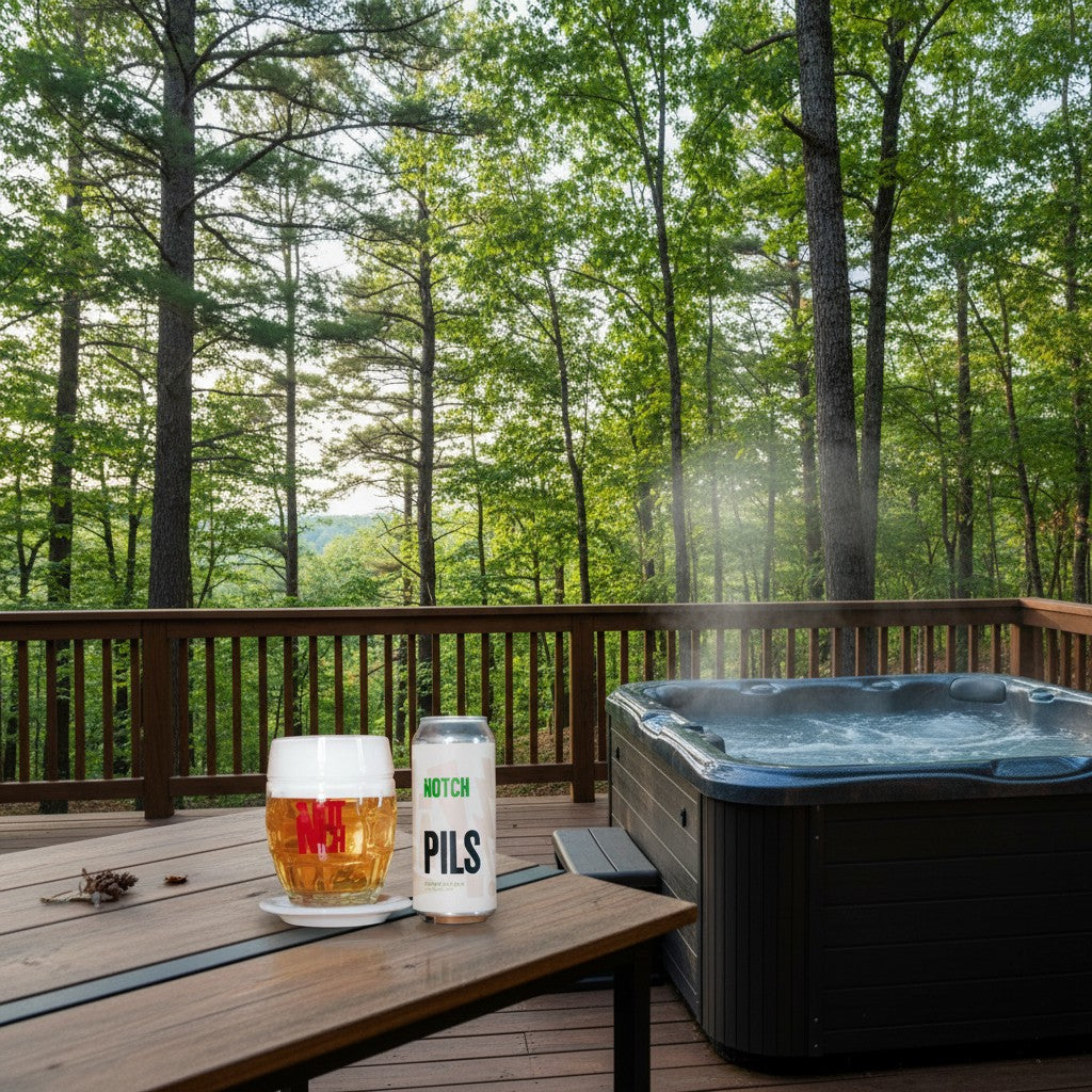 The Hocking Hills Store's Notch Session Pils beer can and a glass of Pilsner with foam, set against a brick background.