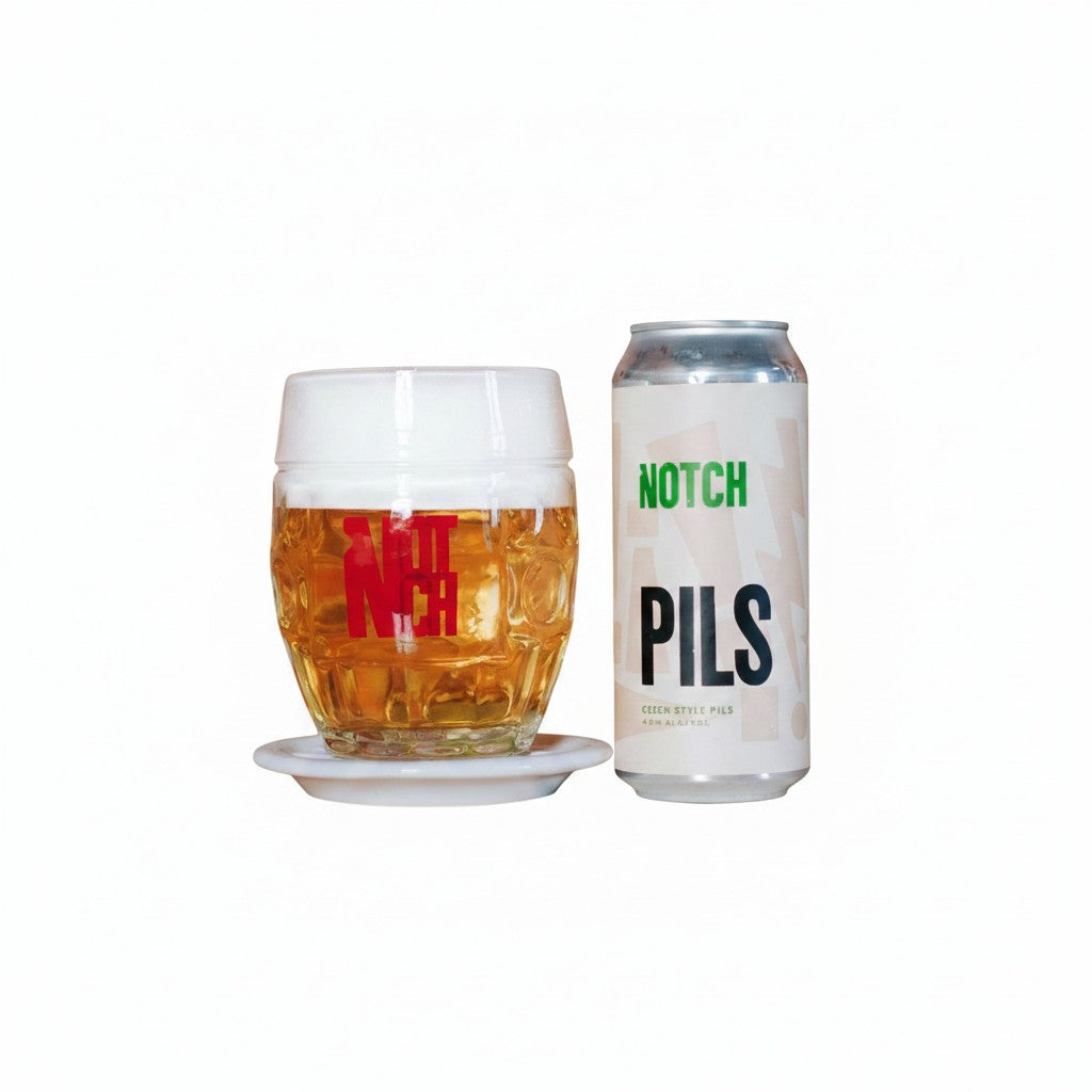 The Hocking Hills Store's Notch Session Pils beer can and glass. Crisp, herbal, and hoppy Czech-style pilsner with 4.0% ABV.