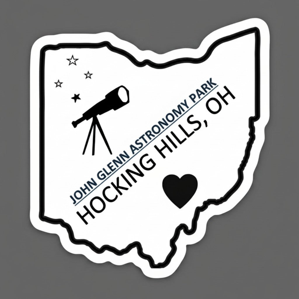 The Hocking Hills Store John Glenn Astronomy Park bumper sticker in Ohio shape with telescope and stars.