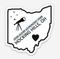The Hocking Hills Store John Glenn Astronomy Park bumper sticker in Ohio shape with telescope and stars.