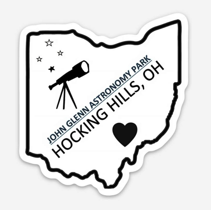 The Hocking Hills Store John Glenn Astronomy Park bumper sticker in Ohio shape with telescope and stars.