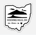 The Hocking Hills Store Hocking Hills OH bumper sticker featuring Ohio outline with landscape silhouette, text and heart graphic. Vinyl.