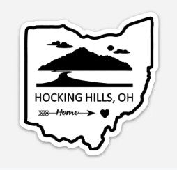 The Hocking Hills Store Hocking Hills OH bumper sticker featuring Ohio outline with landscape silhouette, text and heart graphic. Vinyl.